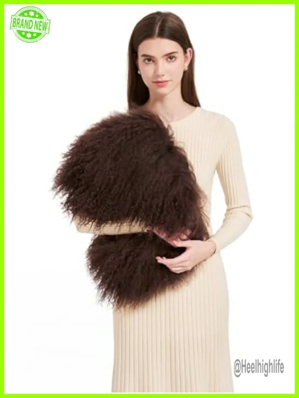 Real Lamb Fur Tote Bag with Genuine Leather Handles and Button Closure